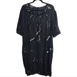 Vintage Jakelin Designs Silk Beaded Chic Black Sequin Midi Dress Size 1X